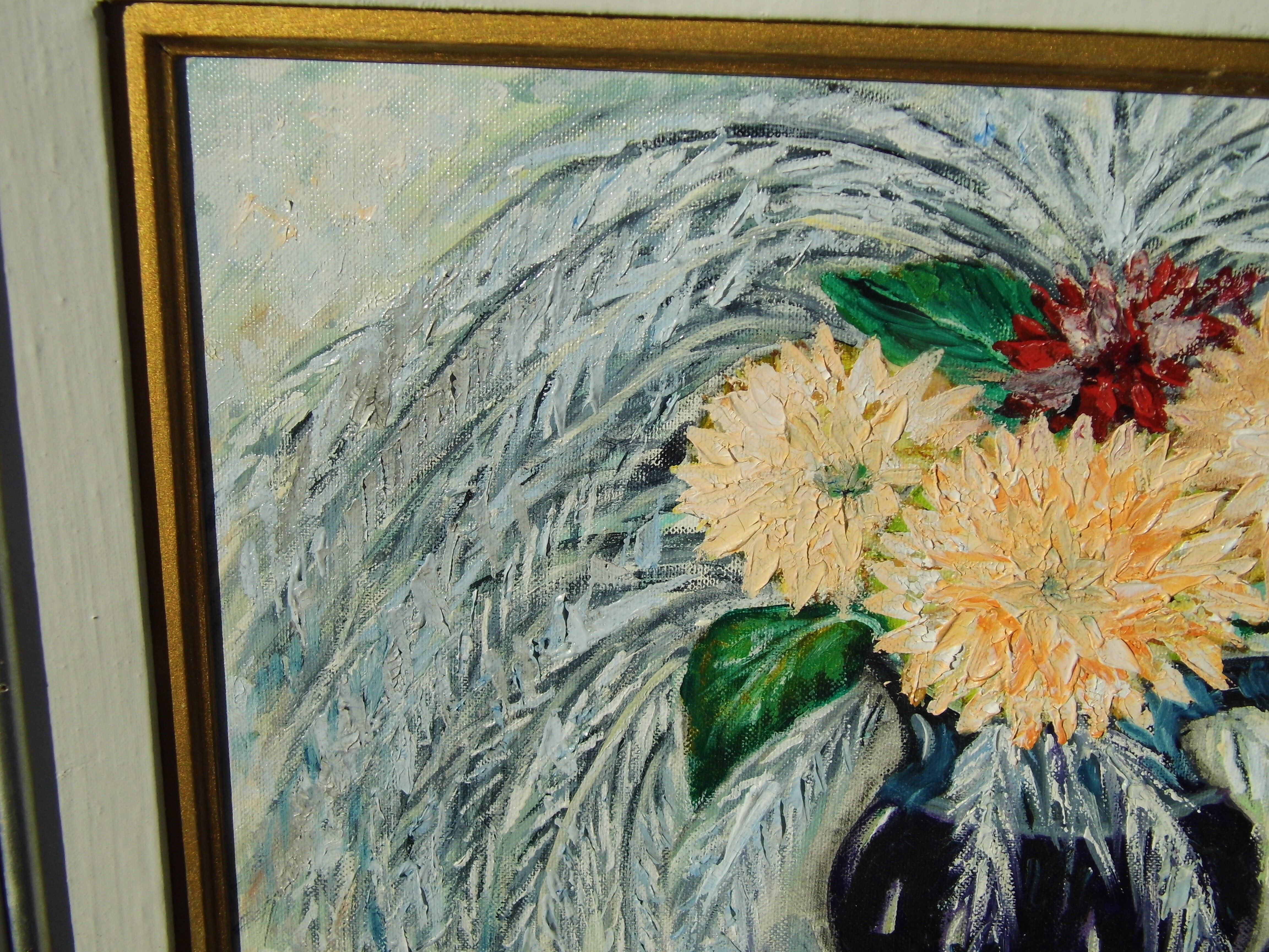 Ancient painting oil on canvas sign g. gheorgiu vase of flowers peony tbe