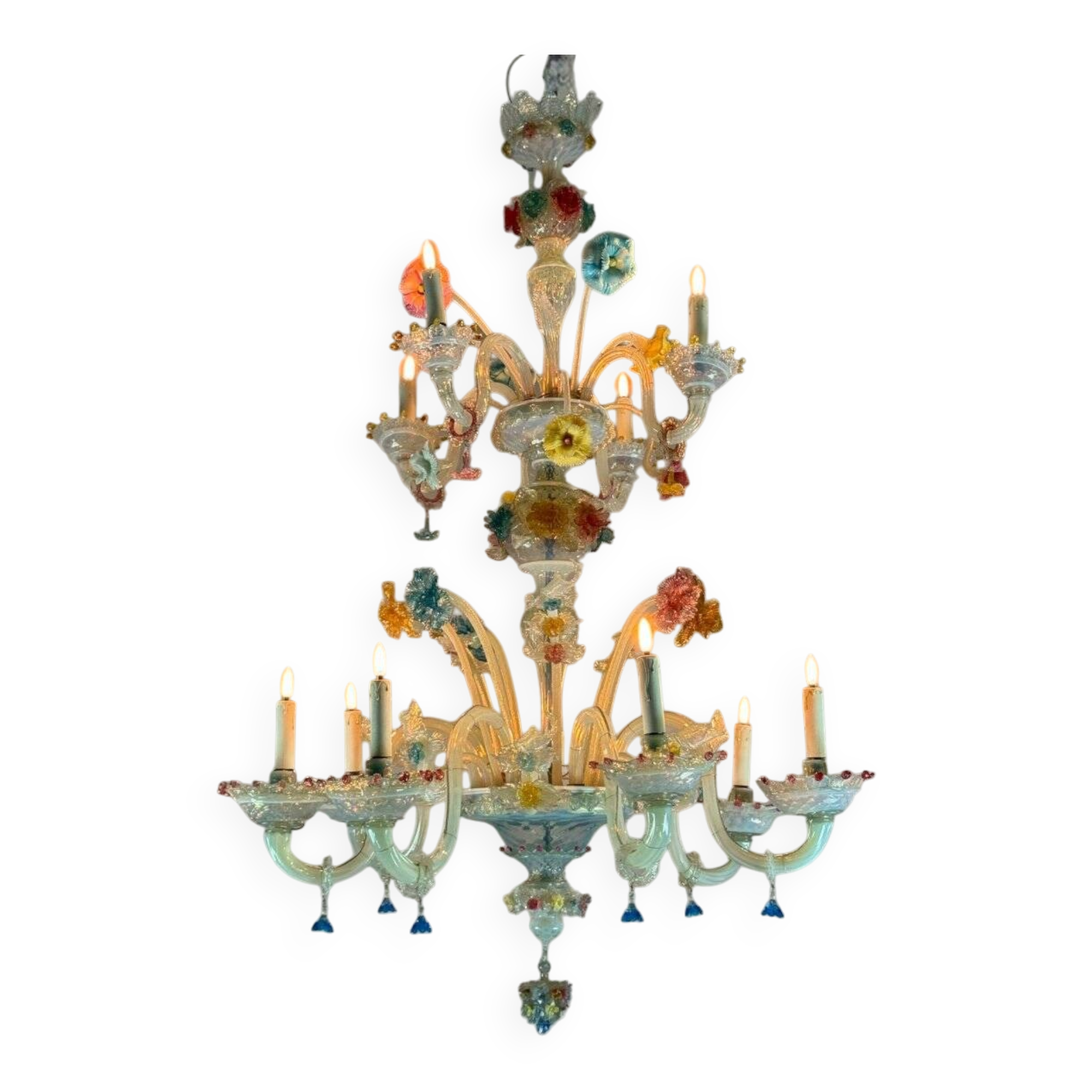 Venetian chandelier in multi-colored Murano glass, 11 light arms on two levels circa 1880