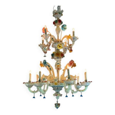 Lustre vénitien en verre de Murano multicolore, 11 bras de lumière sur deux niveaux vers 1880