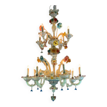 Lustre vénitien en verre de Murano multicolore, 11 bras de lumière sur deux niveaux vers 1880