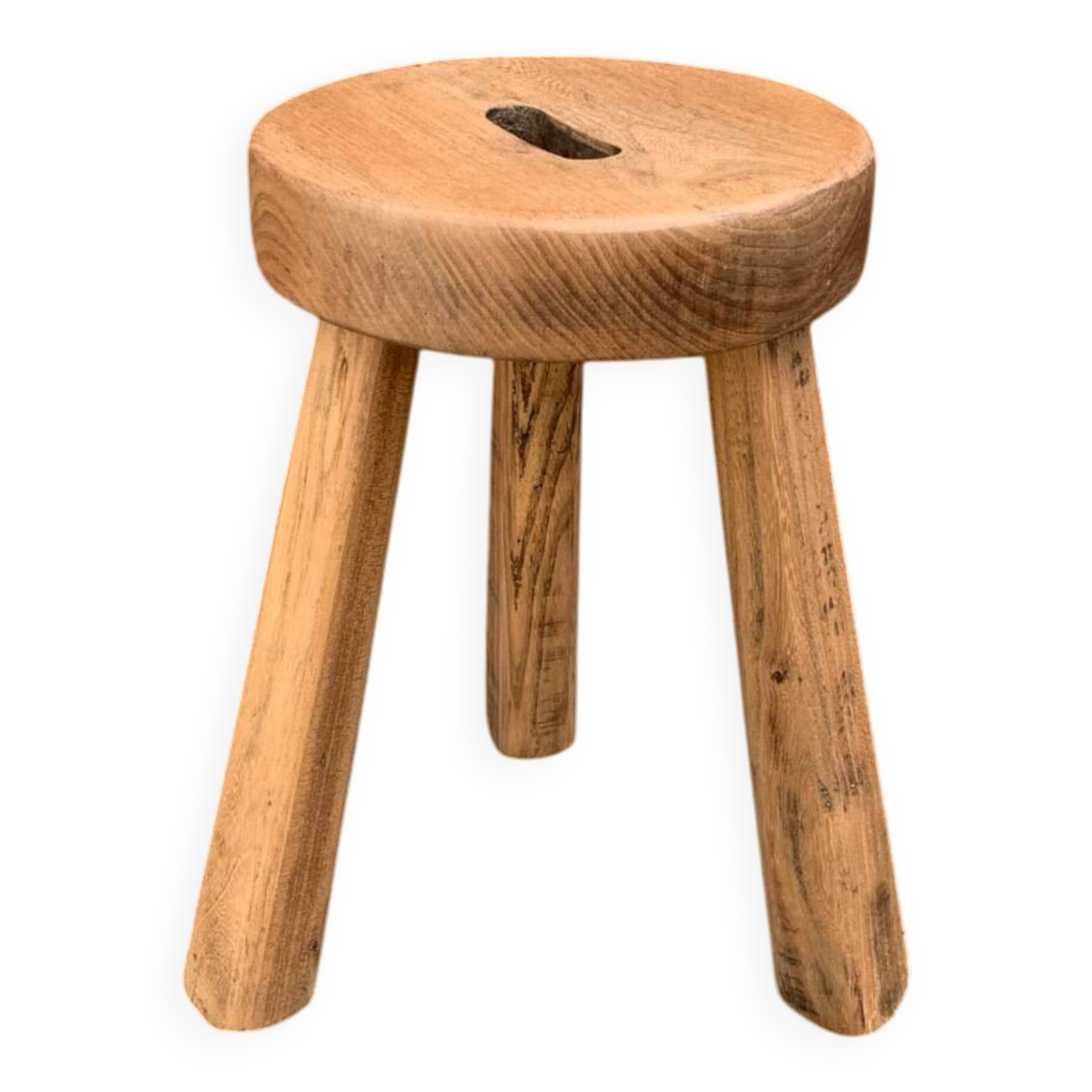 Antique brutalist tripod stool in solid wood