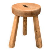 Ancien tabouret tripode brutaliste en bois massif