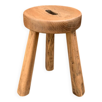 Antique brutalist tripod stool in solid wood