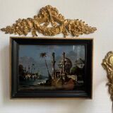 Tableau du 19e siècle, peinture sous verre et nacre, scène orientale, signé G.A