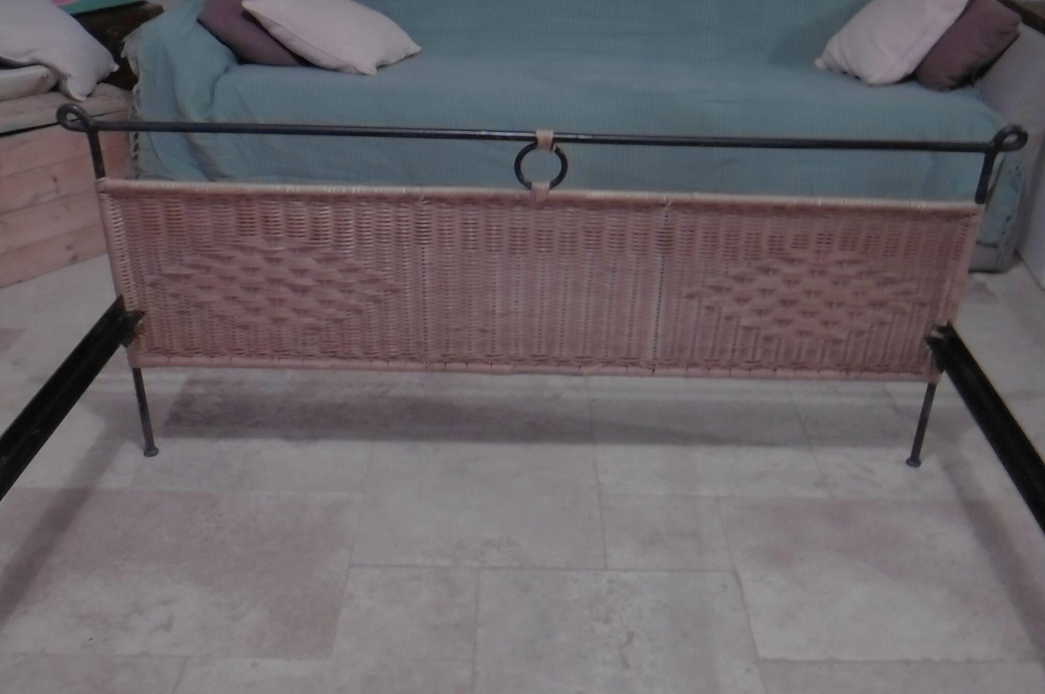 Black metal and rattan bed frame