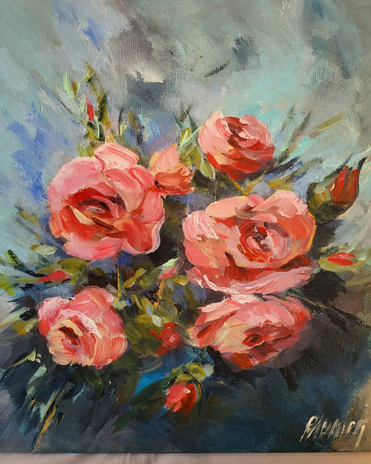 Oil on canvas painting of a bouquet of roses signed Paumier.