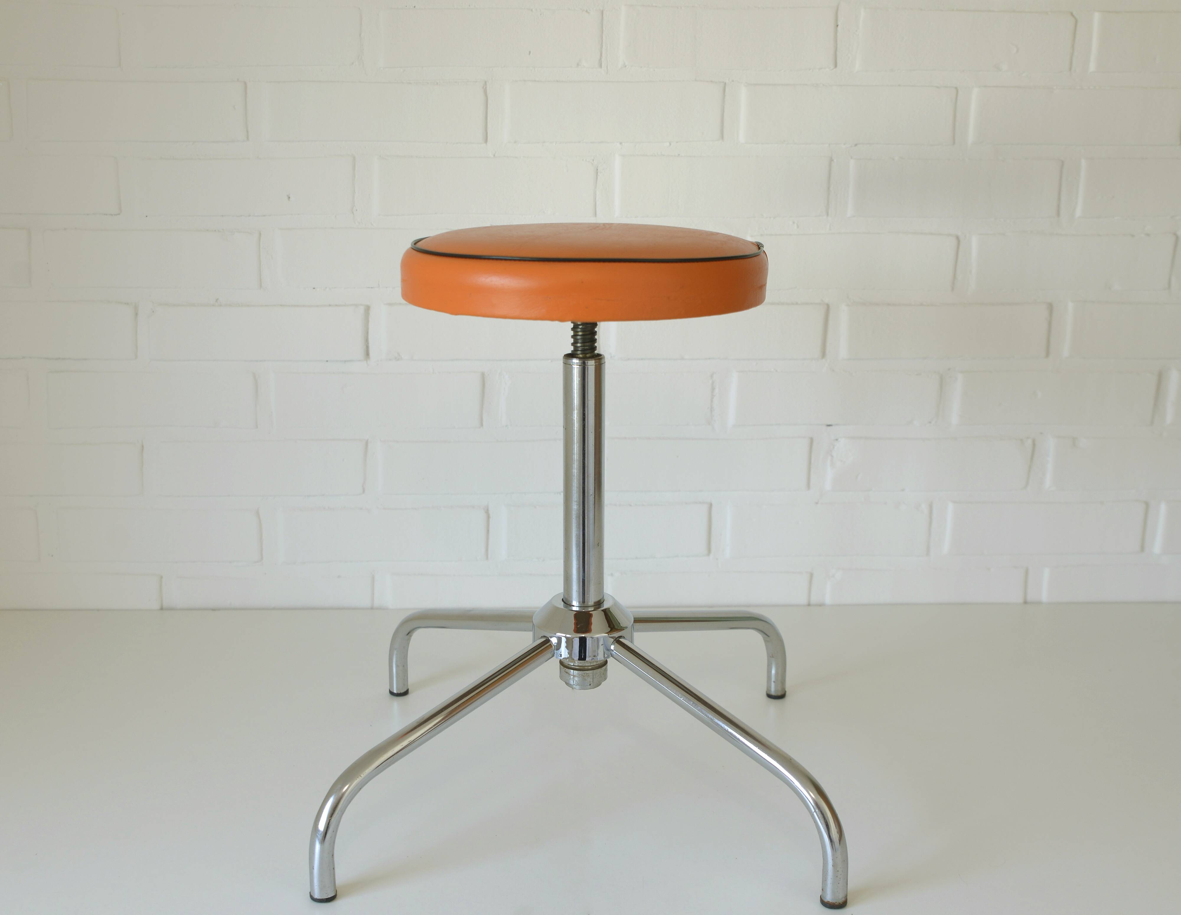 Vintage Orange Adjustable Swivel Vanity Stool Mid Century Modern Style 1970