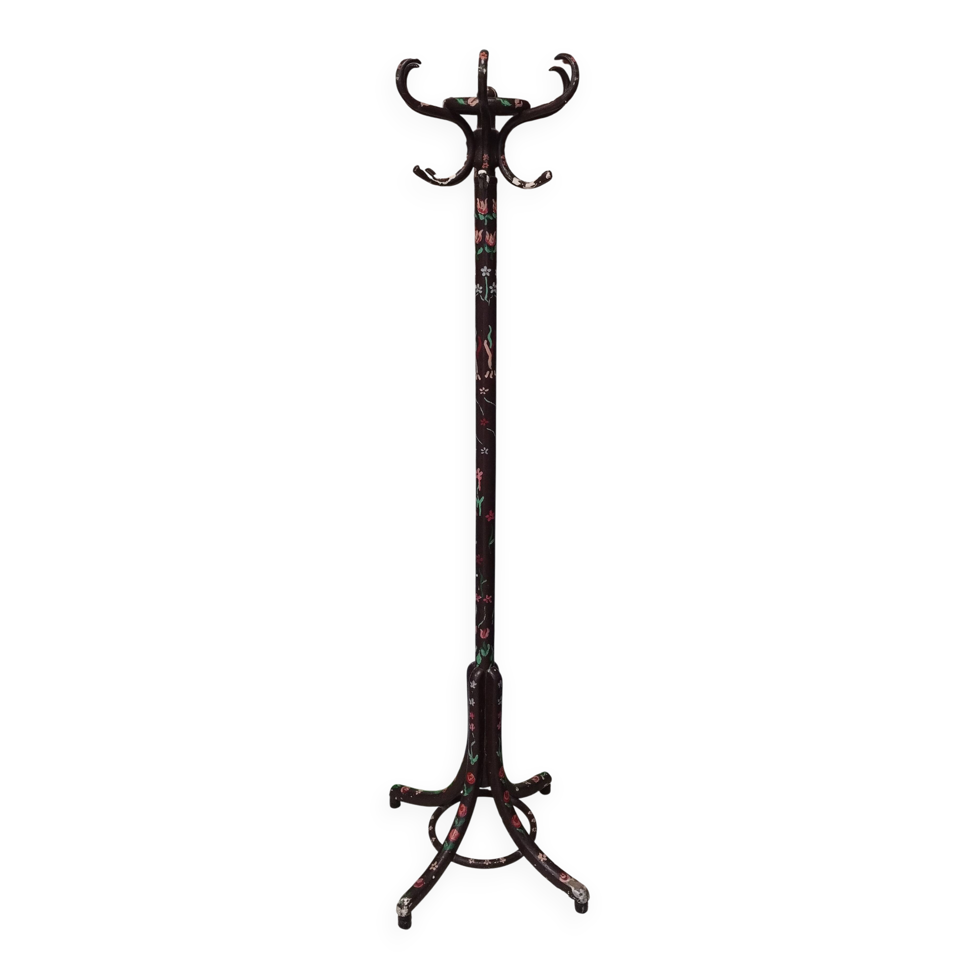 Wooden parrot coat rack with painted floral decoration.
