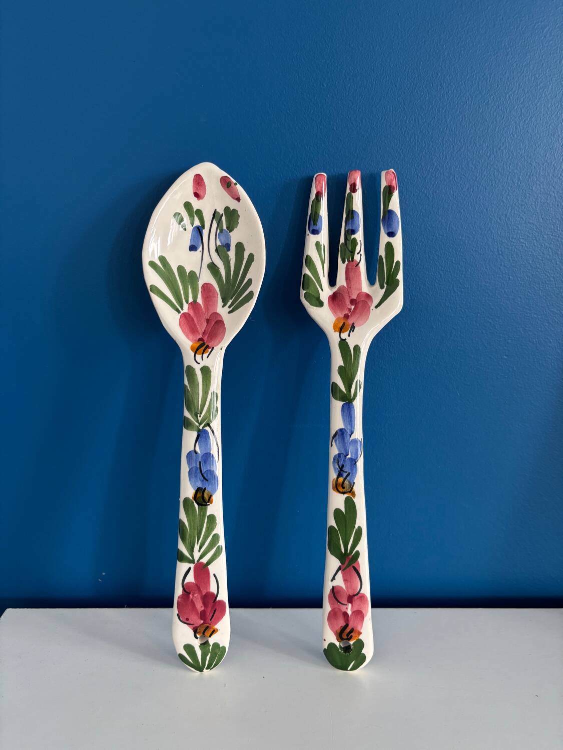 floral ceramic cutlery - vintage kitchen wall decor - set of