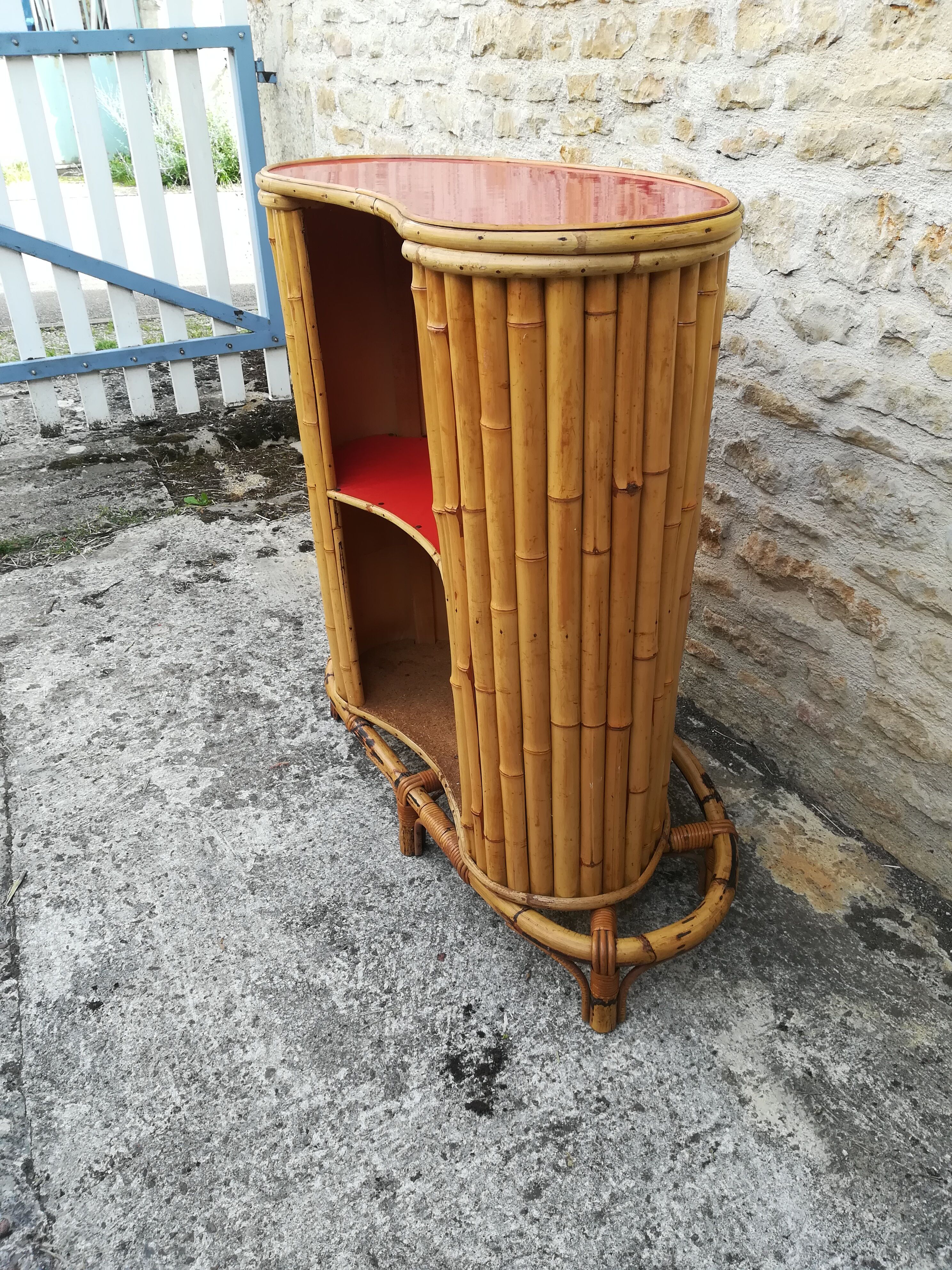 Bamboo tiki bar and two stools