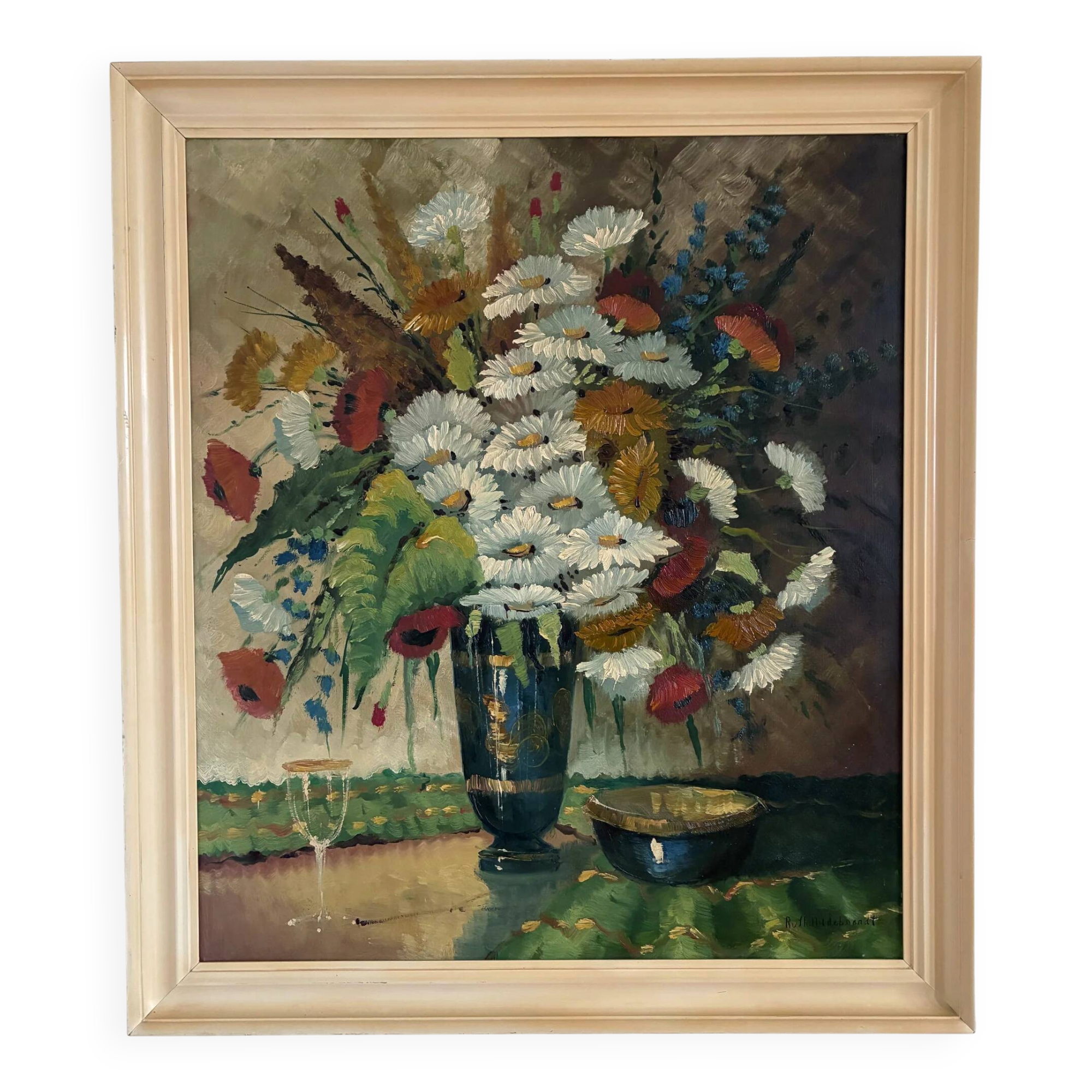 Vintage original floral oil painting with wildflowers in blue vase