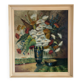 Vintage original floral oil painting with wildflowers in blue vase