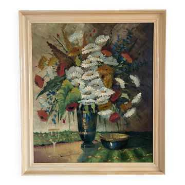Vintage original floral oil painting with wildflowers in blue vase
