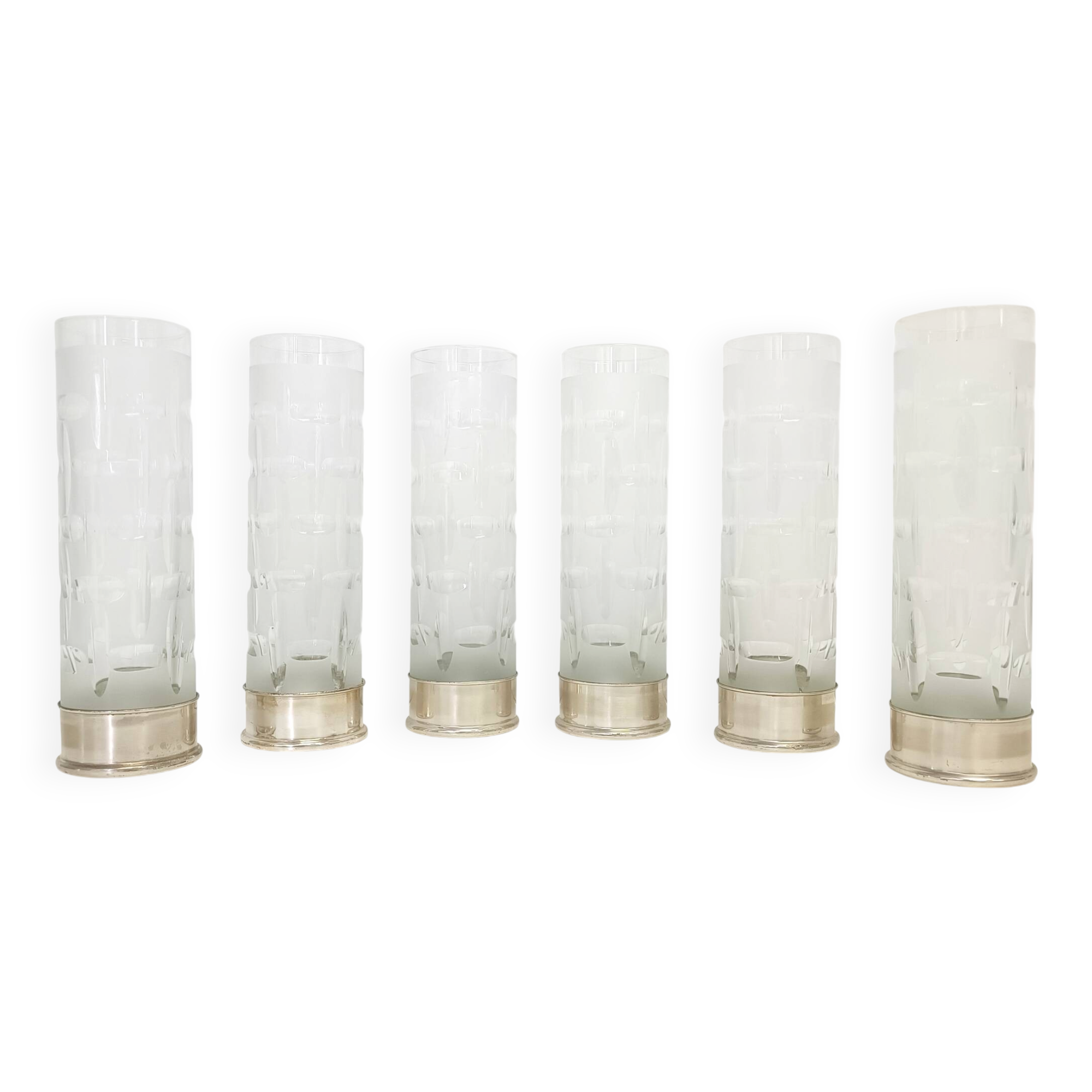 Set of Six Bohemian Ground Crystal and Silver Drinking Glasses