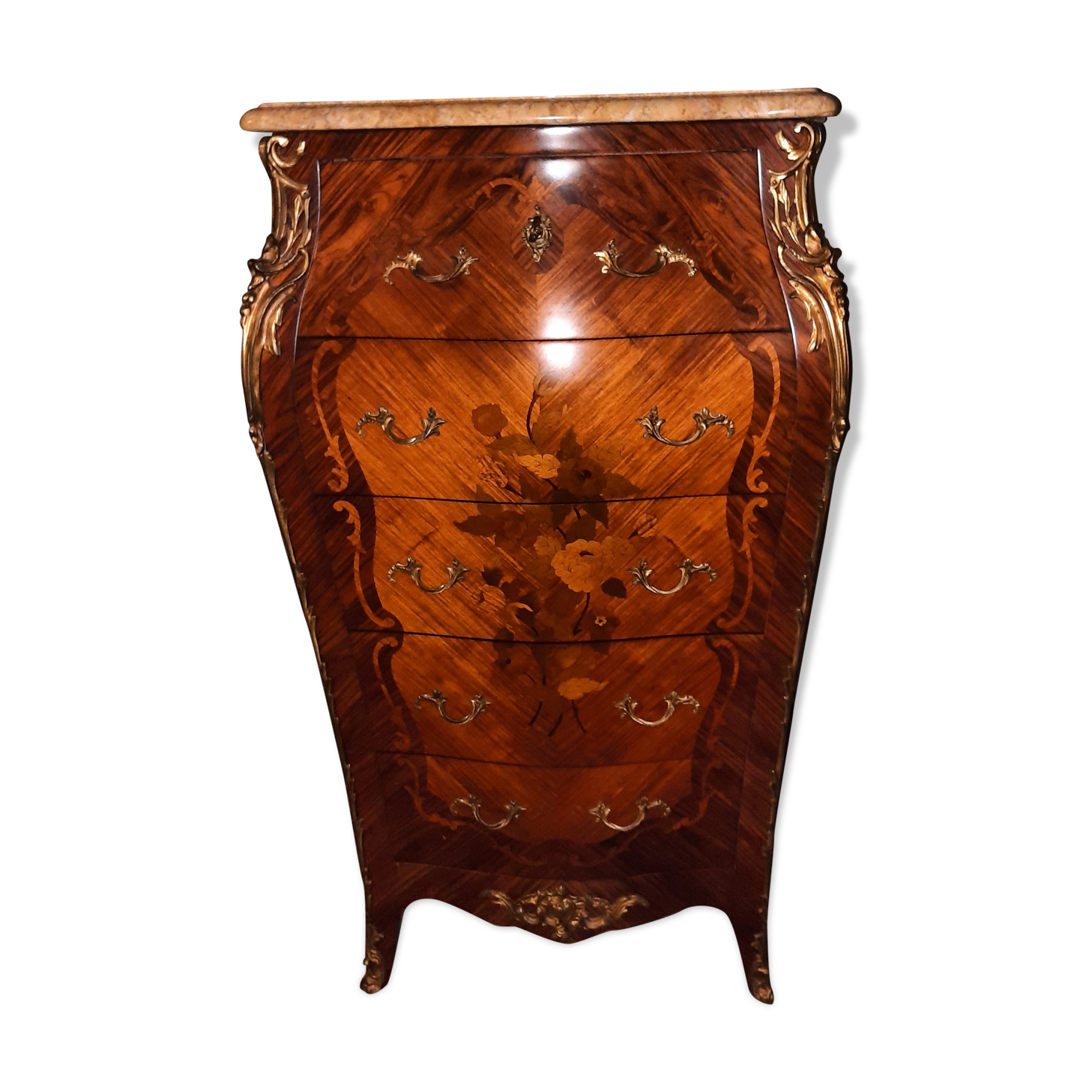 Chiffonnier en marqueterie fleurie de style Louis XV