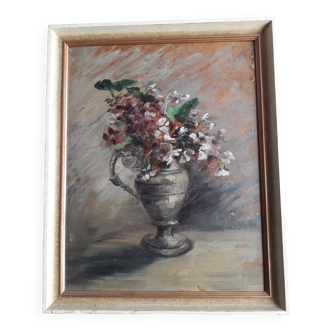 Tableau ancien à l'huile représentant un bouquet de fleurs