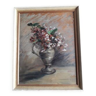 Old oil painting depicting a bouquet of flowers
