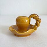Mustard ceramic candle holder with vintage twisted handle
