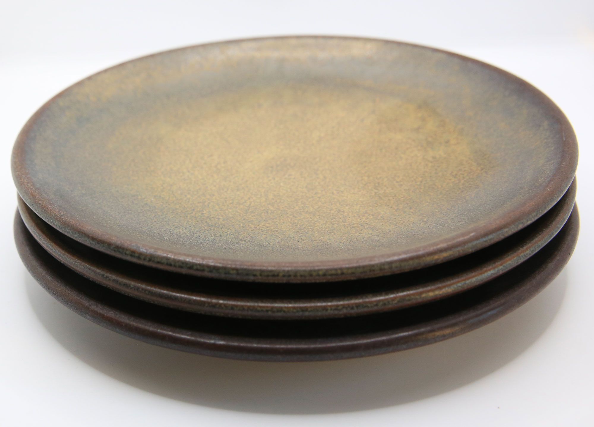 Set of 3 bluish and ochre plates in stoneware Arts Ceram Grand Feu