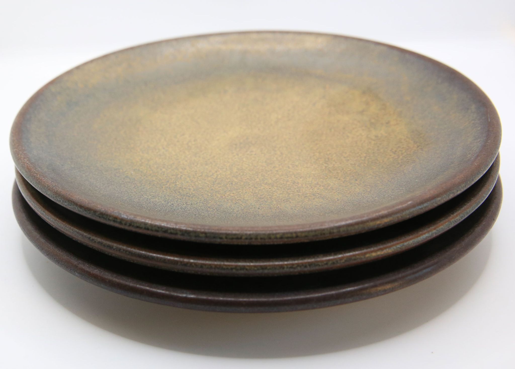 Set of 3 bluish and ochre plates in stoneware Arts Ceram Grand Feu