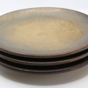 Set of 3 bluish and ochre plates in stoneware Arts Ceram Grand Feu