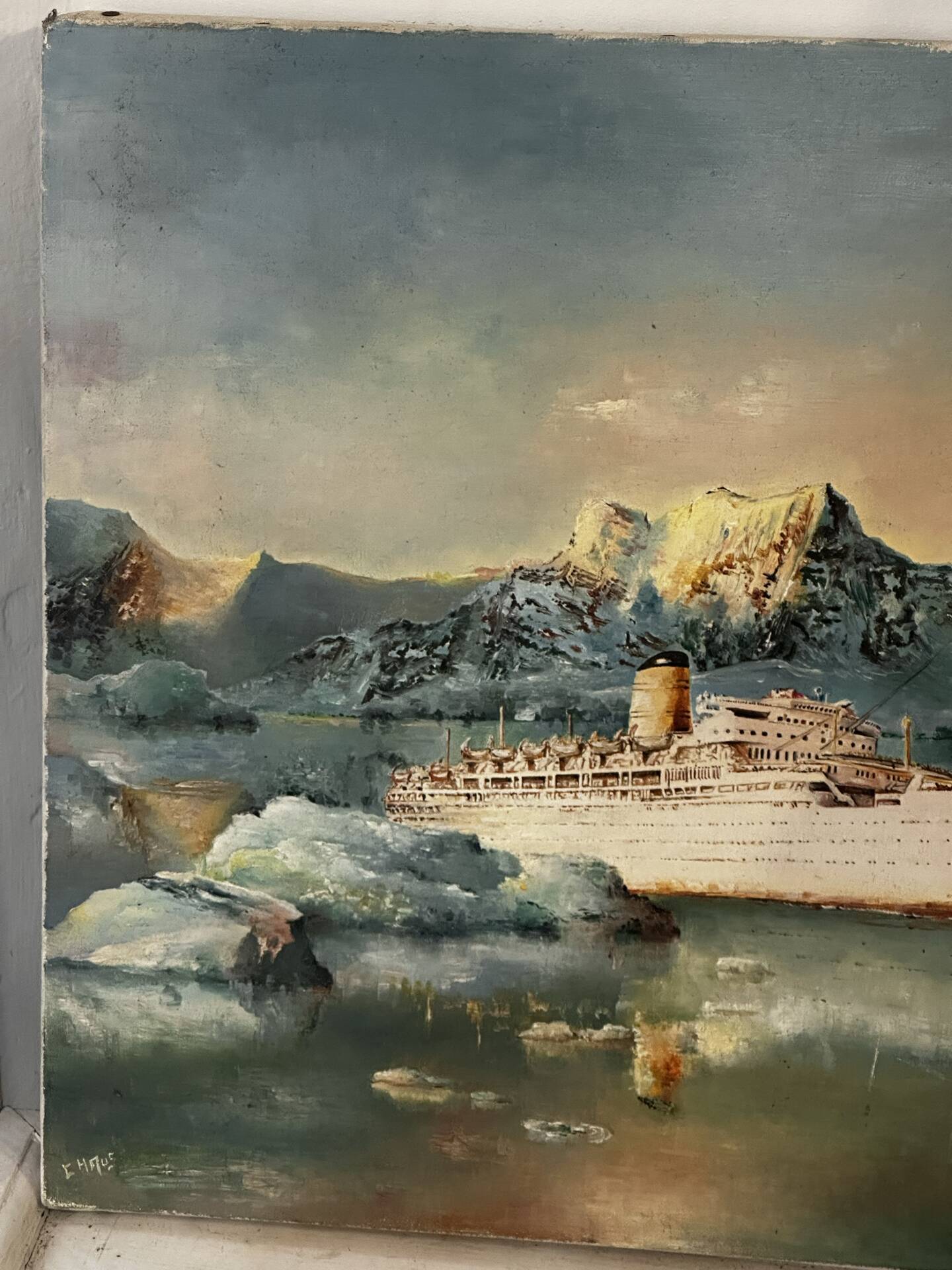 Oil on canvas Alain Chaussois (1950-2018) – Ocean liner Arcadia in the