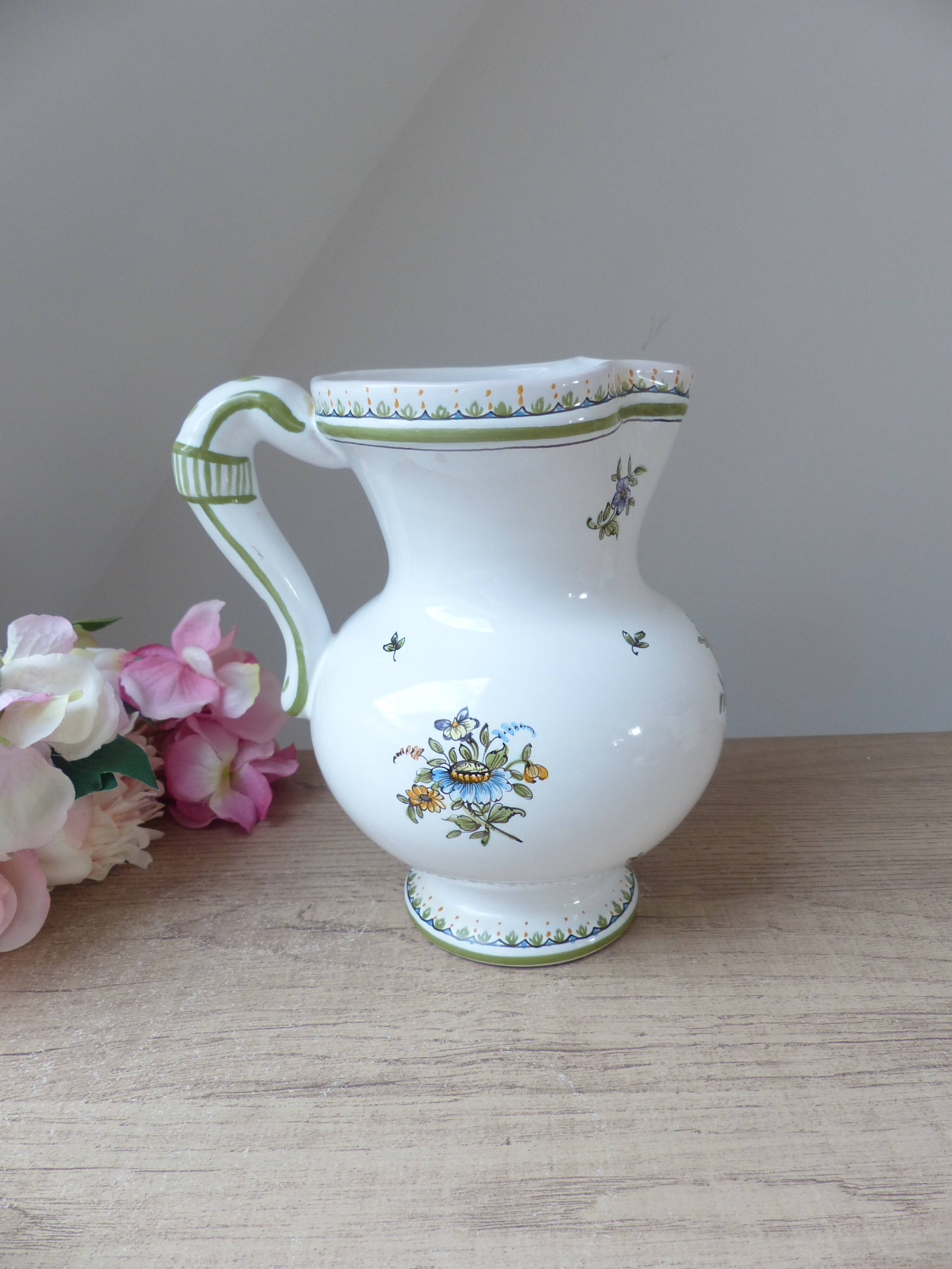 Pitcher Jug Carafe Earthenware Moustiers Signed Lallier Vintage