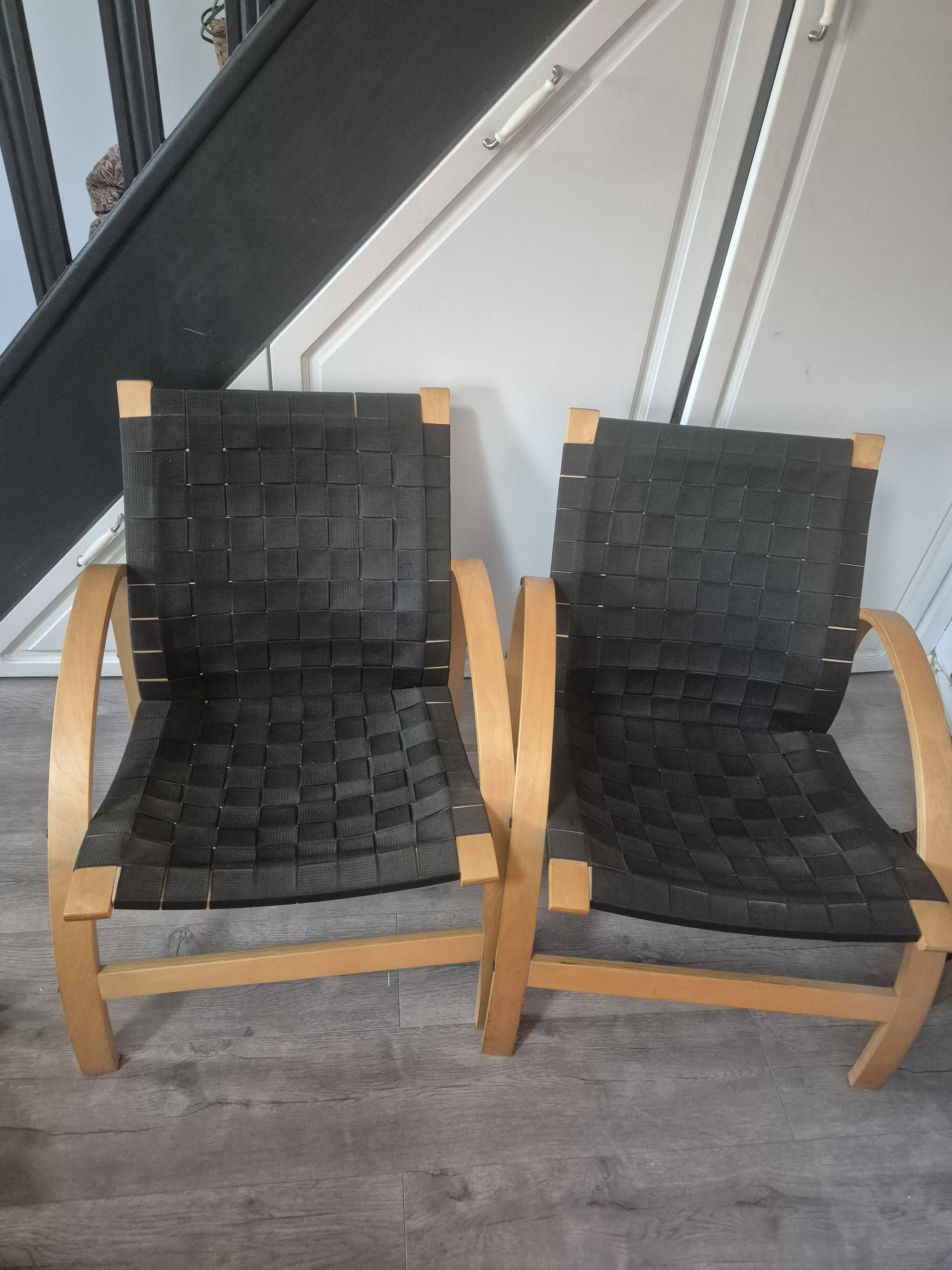 pair set of 2 armchairs with a wooden frame and black fabric weaving