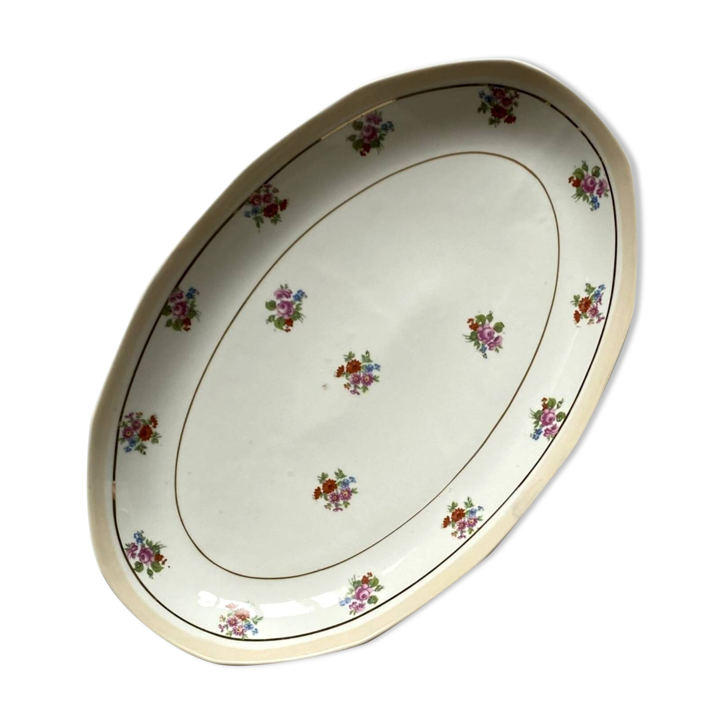 Oval serving dish M and S Berry small flowers and gilding old Limoges porcelain ACC-7108