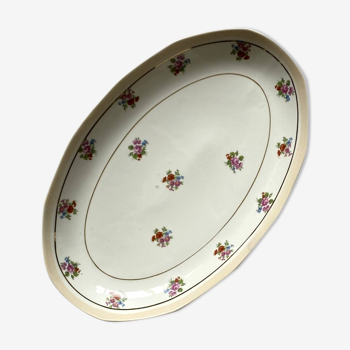 Plat de service oval ancien M et S Berry en porcelaine de Limoges, décor de fleurs et dorure