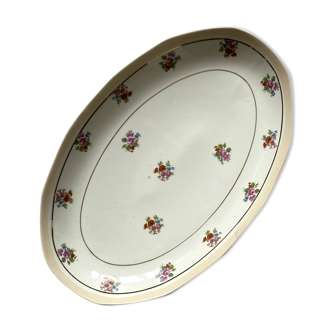 Plat de service oval ancien M et S Berry en porcelaine de Limoges, décor de fleurs et dorure