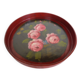 ancien plateau rond en bois  décors roses