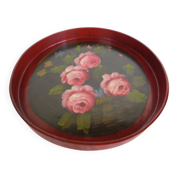 antique round wooden tray with rose decorations