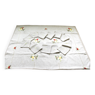 Vintage tablecloth set and 10 fine embroidered linen napkins, 270x165.