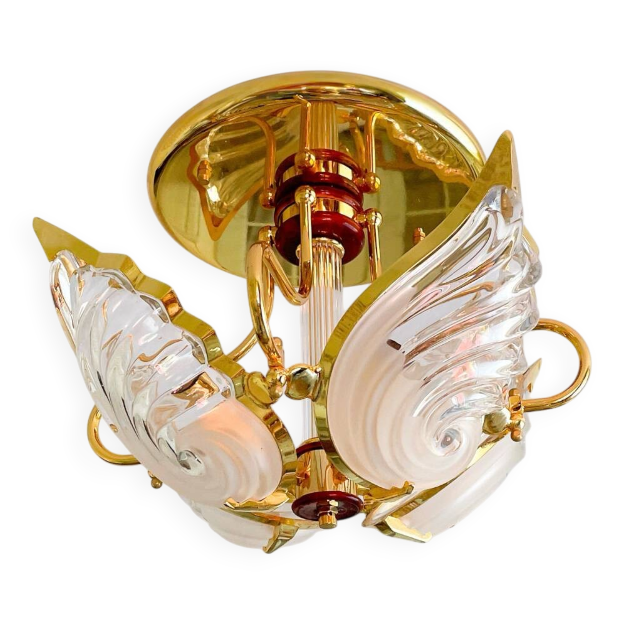 Plafonnier vintage Art Déco en laiton massif et cristal – années 70