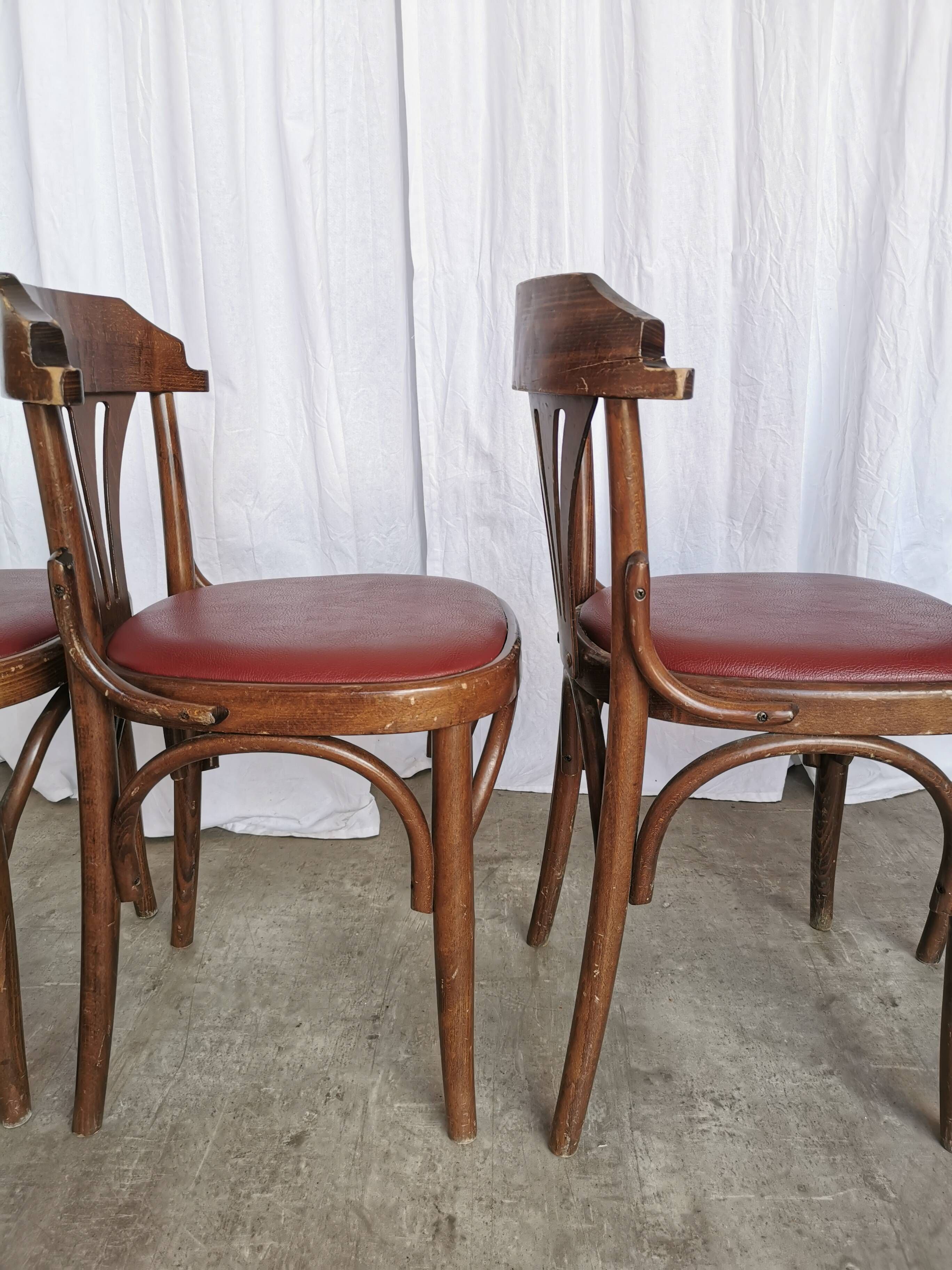 Vintage Bentwood Dining Chairs - Thonet Style - Red Faux Leather - Set of 4