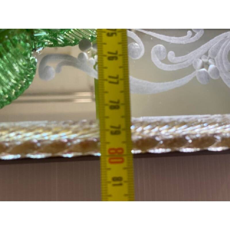 Contemporary rectangular Venetian mirror in floral green, hand-carved in Murano glass.