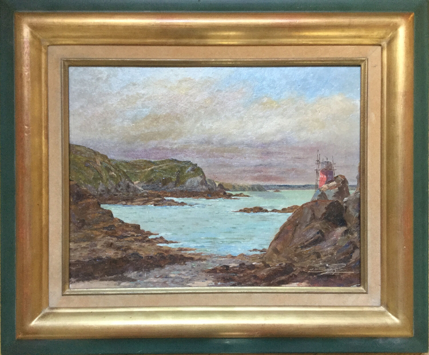 Huile sur carton "Bord de mer", École anglaise fin 19ème s.