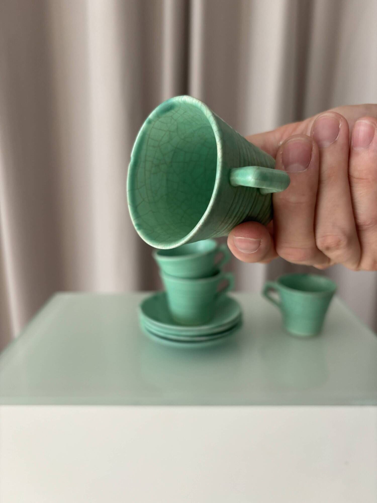 Set of 4 Vintage Jade Green Studio Pottery Espresso Cups & Saucers – Hand G