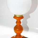 Vintage lamp in orange turned wood and opaline globe