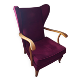 Fauteuil vintage années 1950 en velours rouge et bois hauteur 99