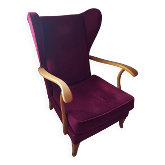 Fauteuil vintage années 1950 en velours rouge et bois hauteur 99