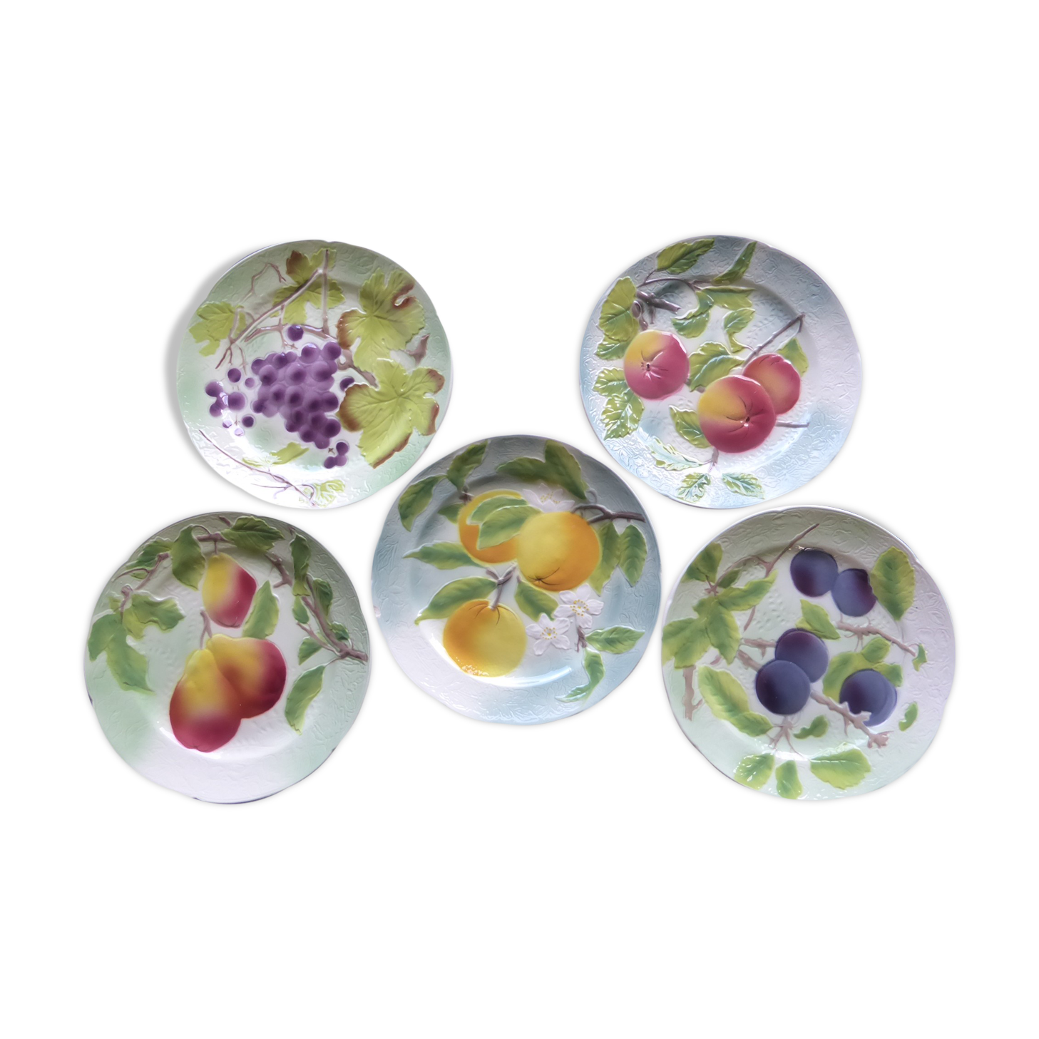 5 old dessert plates decorated with saint clement's dabbling fruit