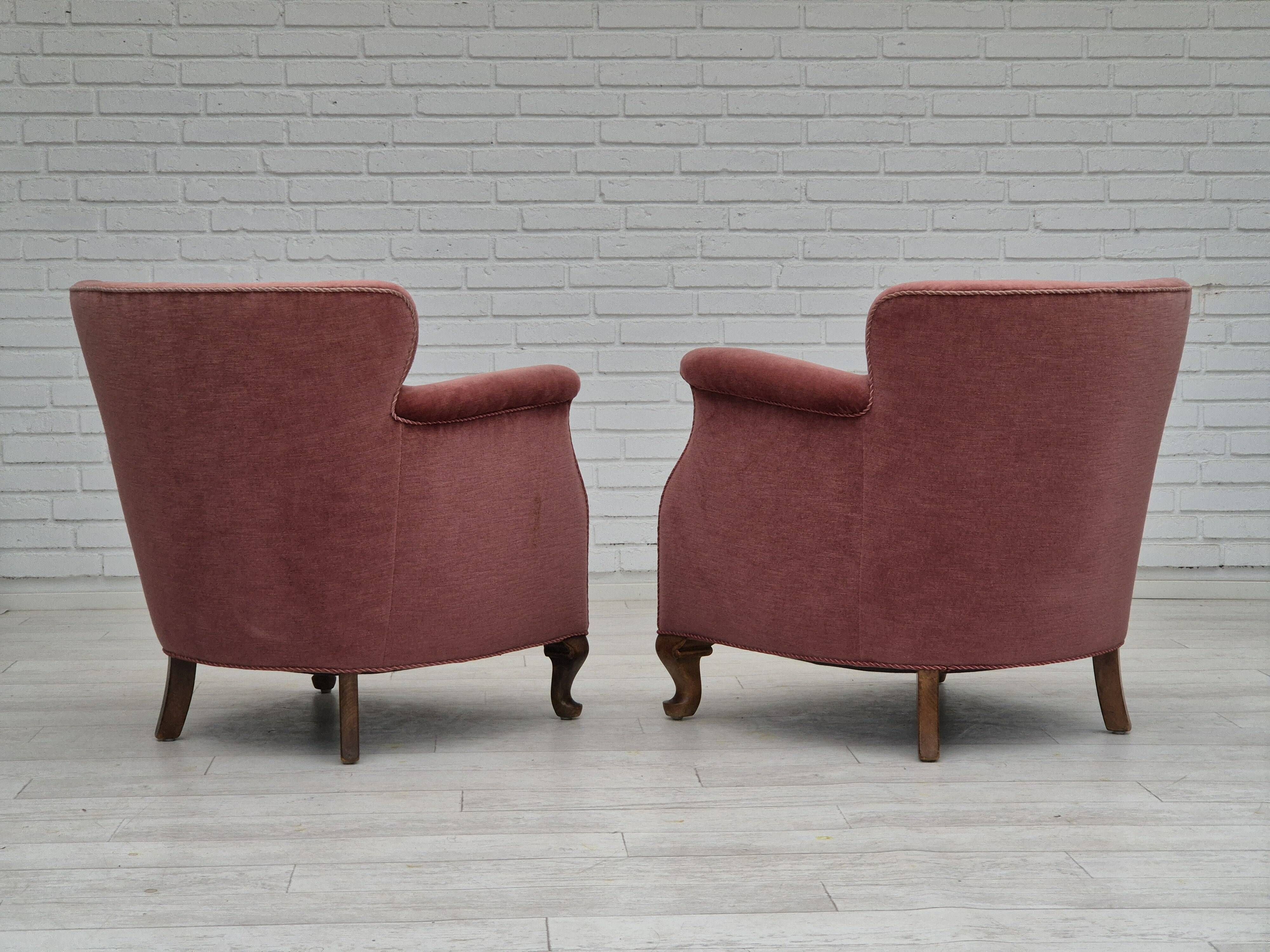 1960s, pair of Danish lounge chairs, original condition, light pink furniture velour.