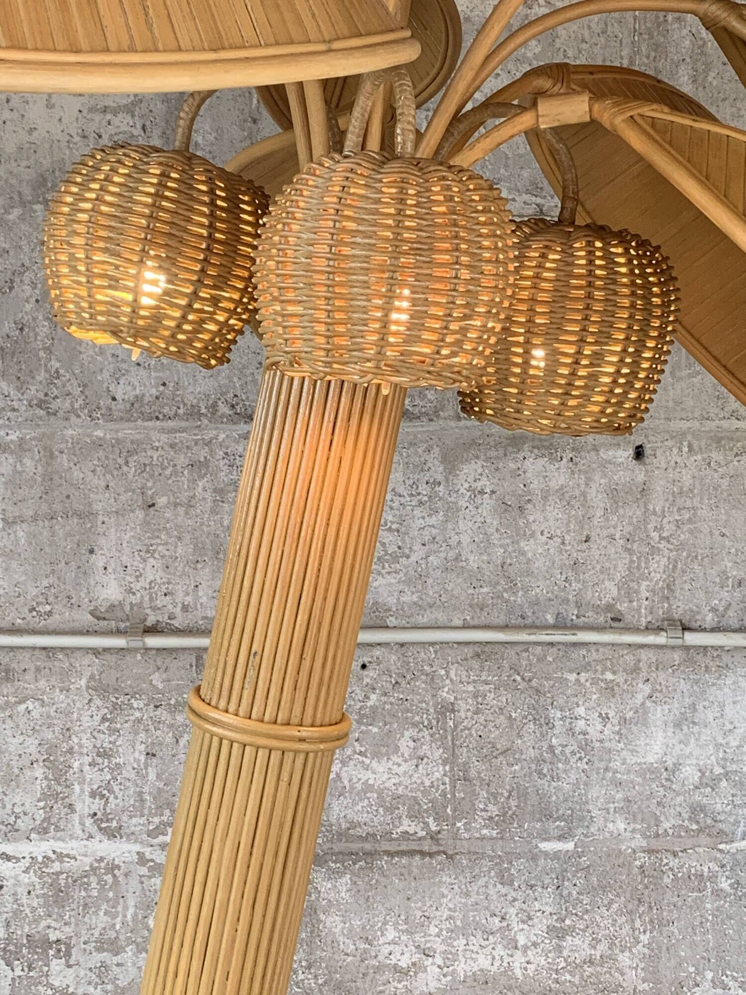 Pencil Reed rattan bamboo coconut palm tree floor lamp, Mario Lopez Torres, 1970s