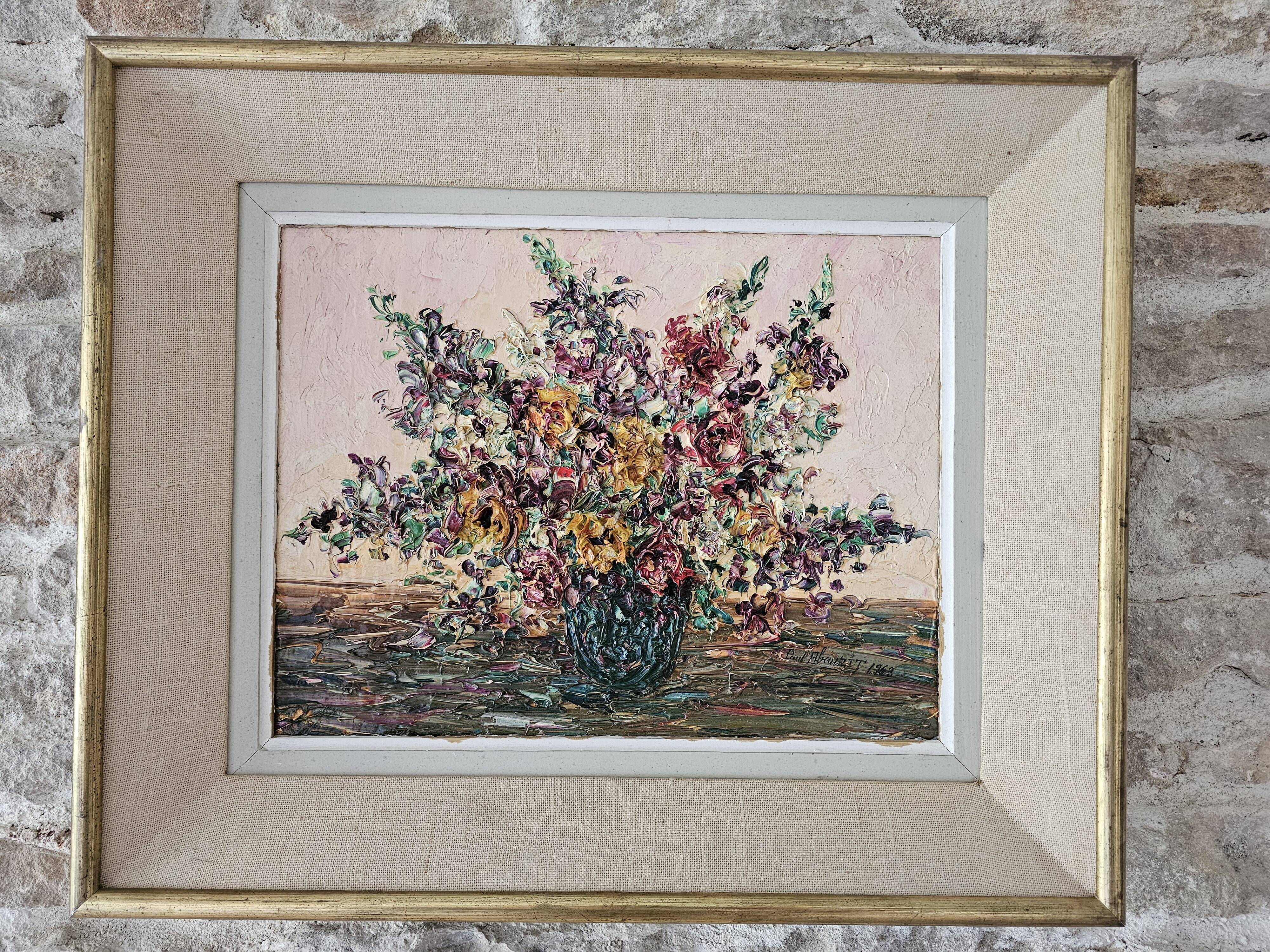Oil on canvas - Bouquet of flowers with a knife Signed Paul Abouzit