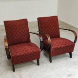 Pair of H410 Type C burgundy armchairs by Jindrich Halabala for Thonet