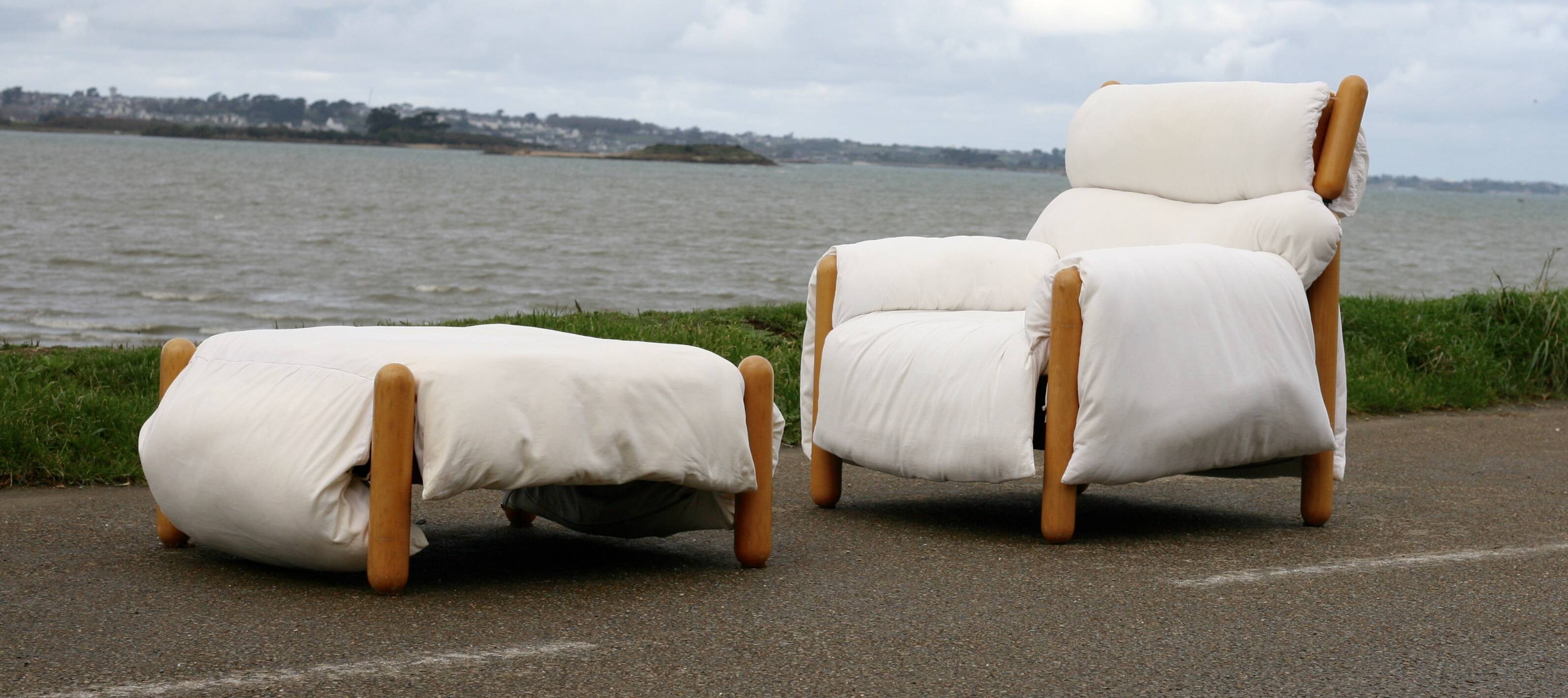 Enzo Mari, Gamba di Legno armchair and ottoman, Driade, Italy, 1976