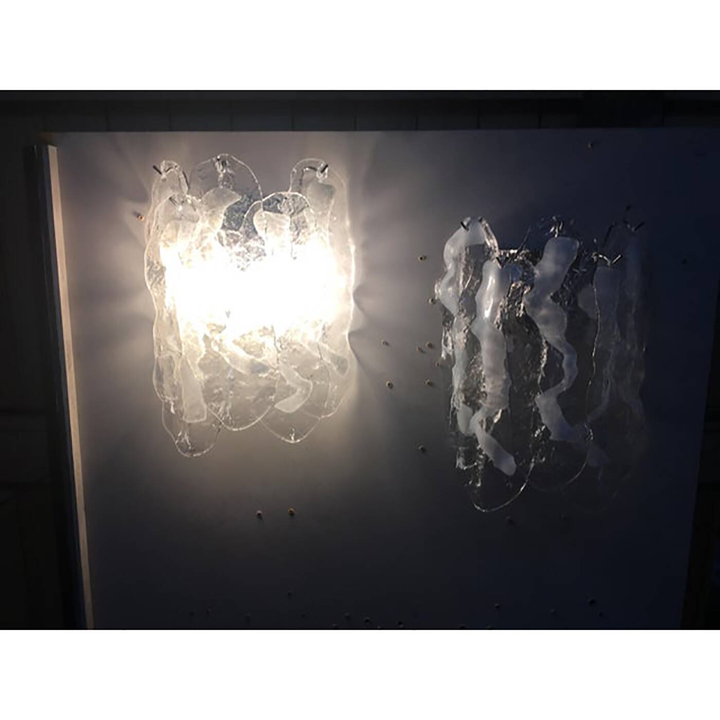 Lot of 2 Transparent and White “Fiamma” Murano Glass Wall Sconces