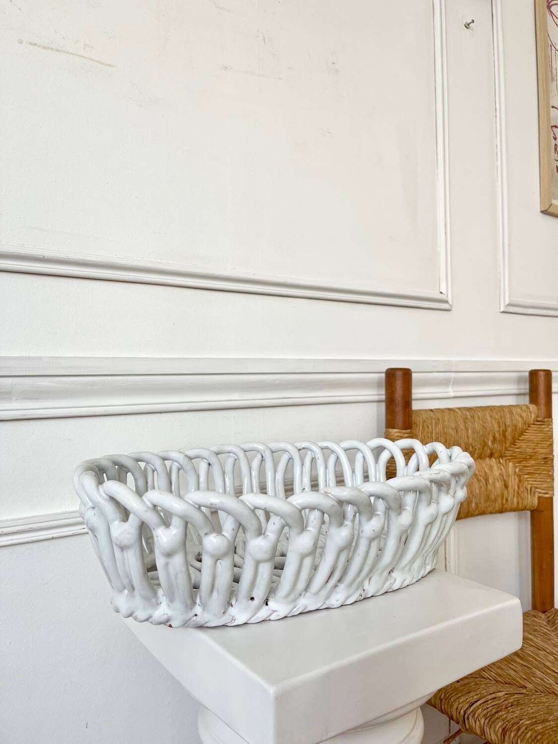 Woven white ceramic fruit bowl
